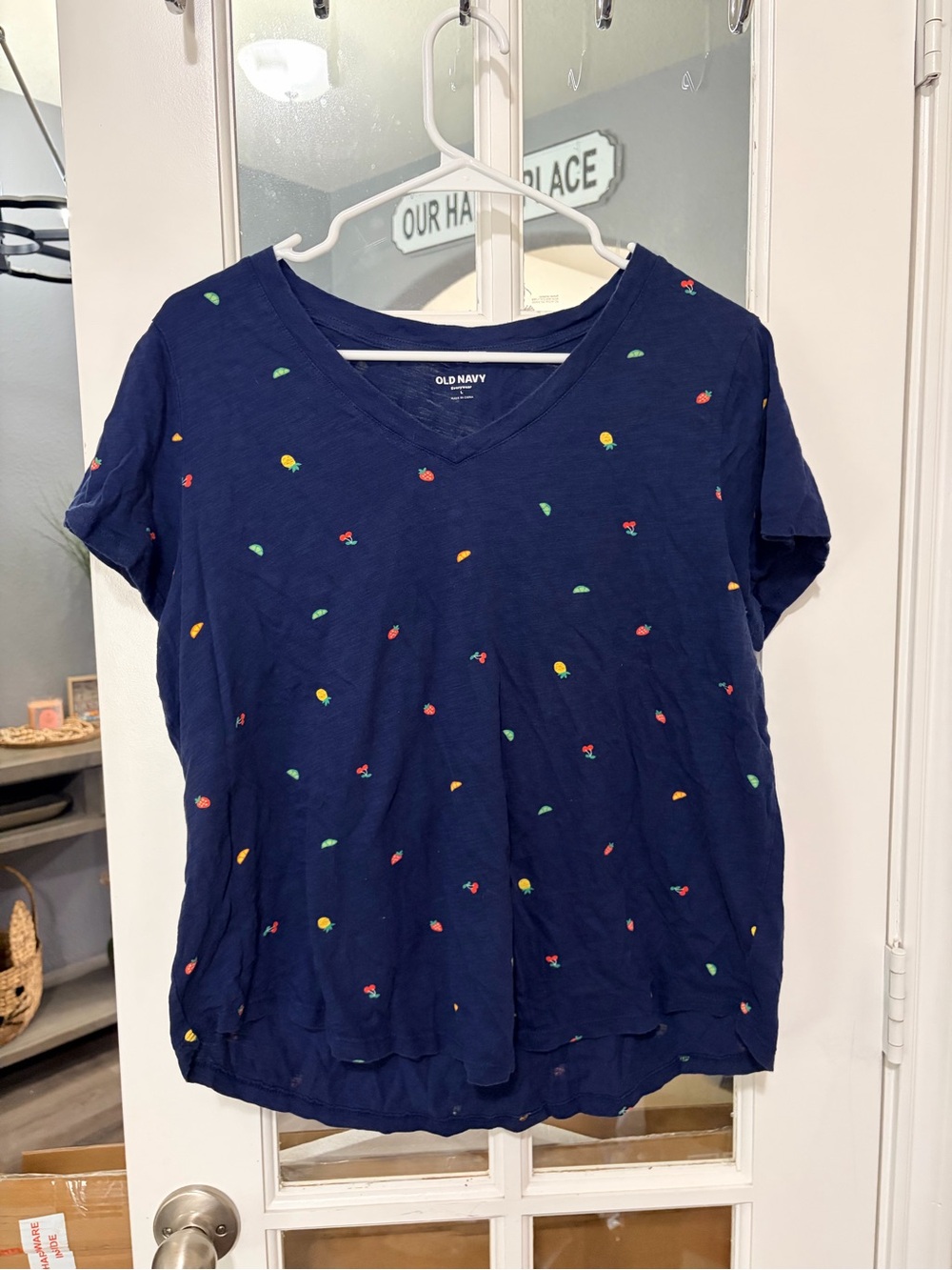 Old Navy Navy V-Neck Tee with Red, Yellow, Green & Orange Fruit Dots